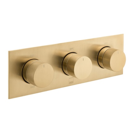 Cutout image of Vado Individual Knurled Accents Brushed Gold Triple Outlet Shower Valve